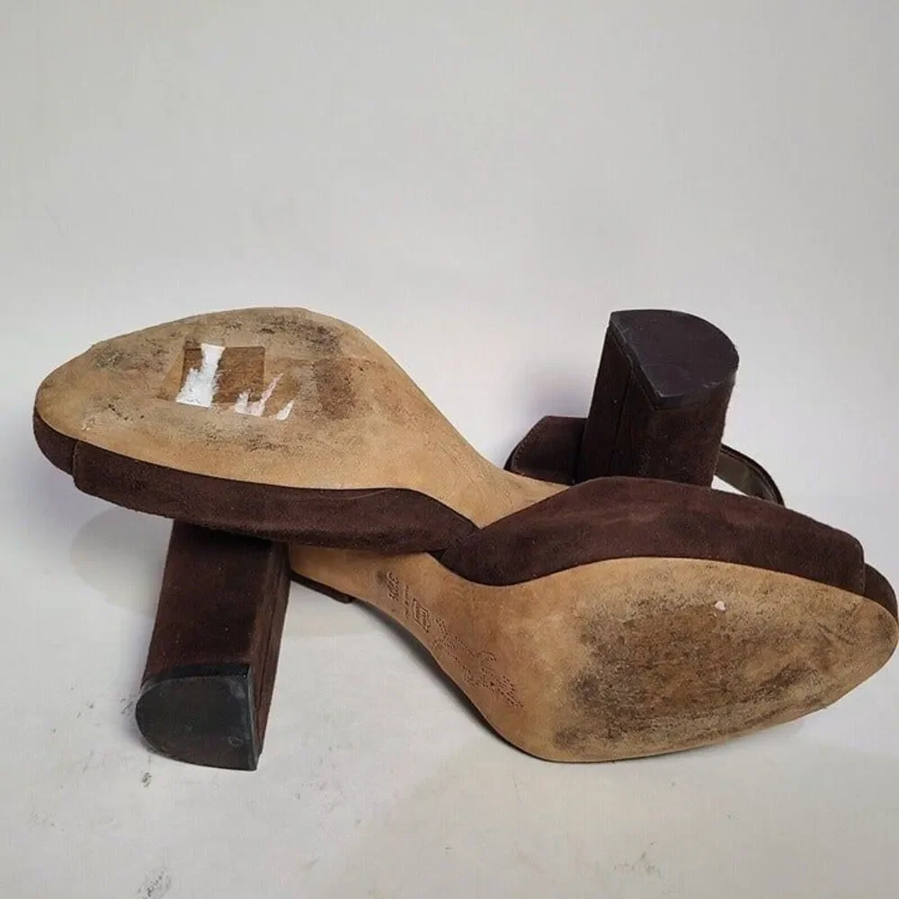 MARNI sandals brown suede leather ankle strap chunky heels peep toe 6.5 7 37.5